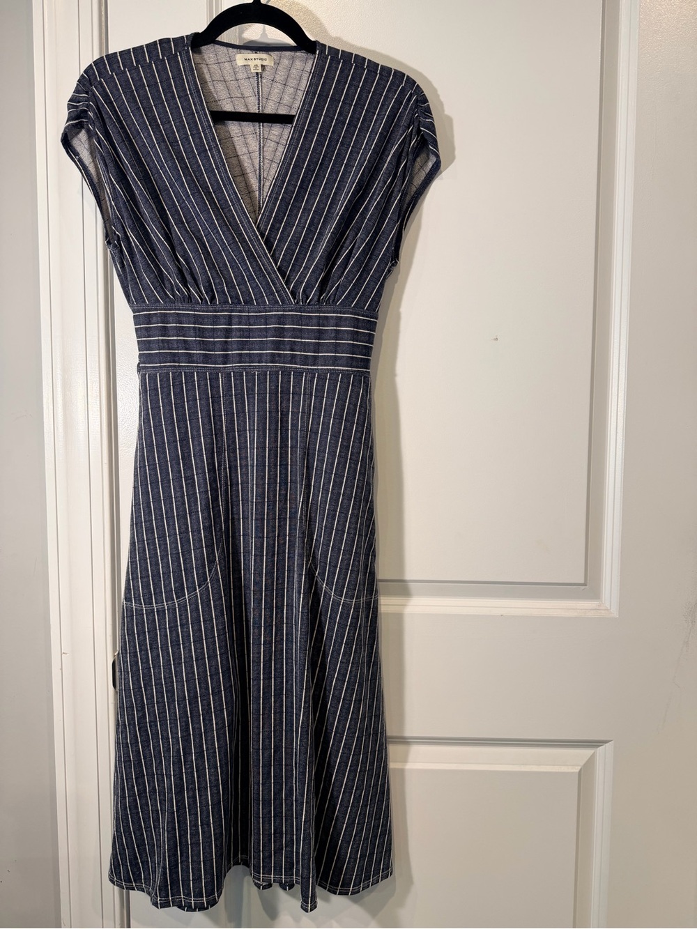 Max Studio Navy and White Striped V-Neck Dress